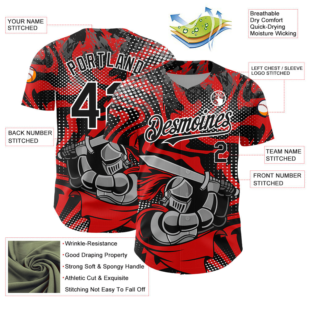 Custom Red Black-White 3D Pattern Design Knight Hero Art Authentic Baseball Jersey view 3