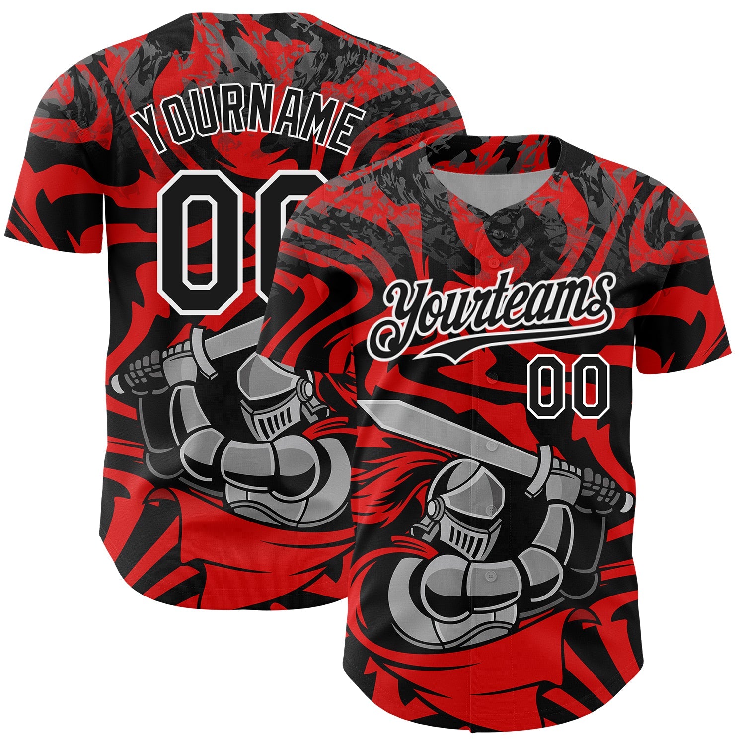 Custom Red Black-White 3D Pattern Design Knight Hero Art Authentic Baseball Jersey - Main View