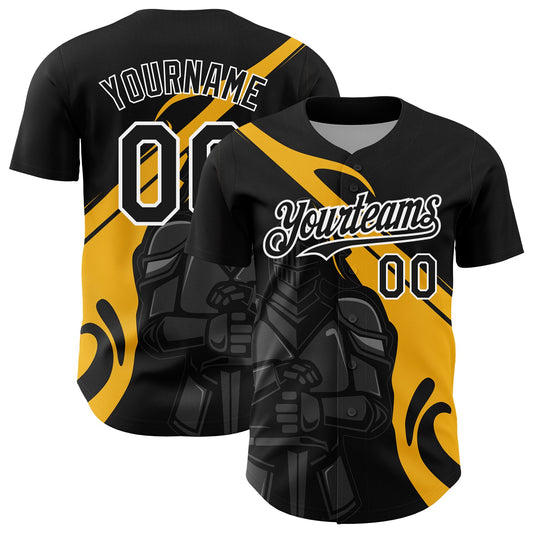 Custom Black Gold-White 3D Pattern Design Knight Hero Art Authentic Baseball Jersey - Main View