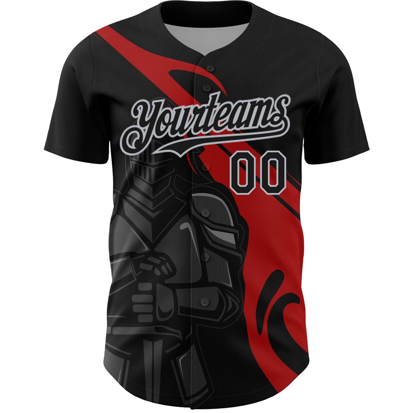 Custom Black Red-Gray 3D Pattern Design Knight Hero Art Authentic Baseball Jersey view 2