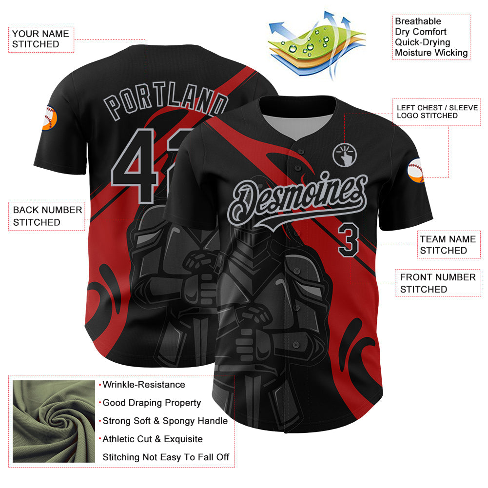 Custom Black Red-Gray 3D Pattern Design Knight Hero Art Authentic Baseball Jersey view 3