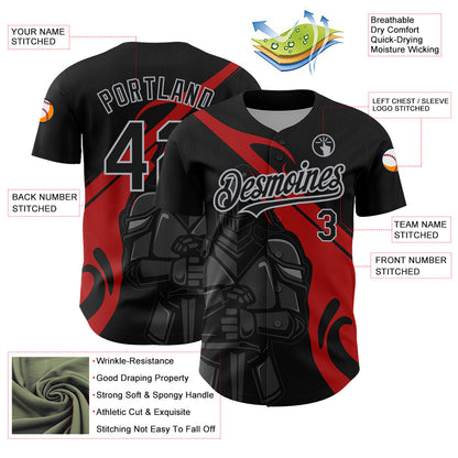 Custom Black Red-Gray 3D Pattern Design Knight Hero Art Authentic Baseball Jersey view 3