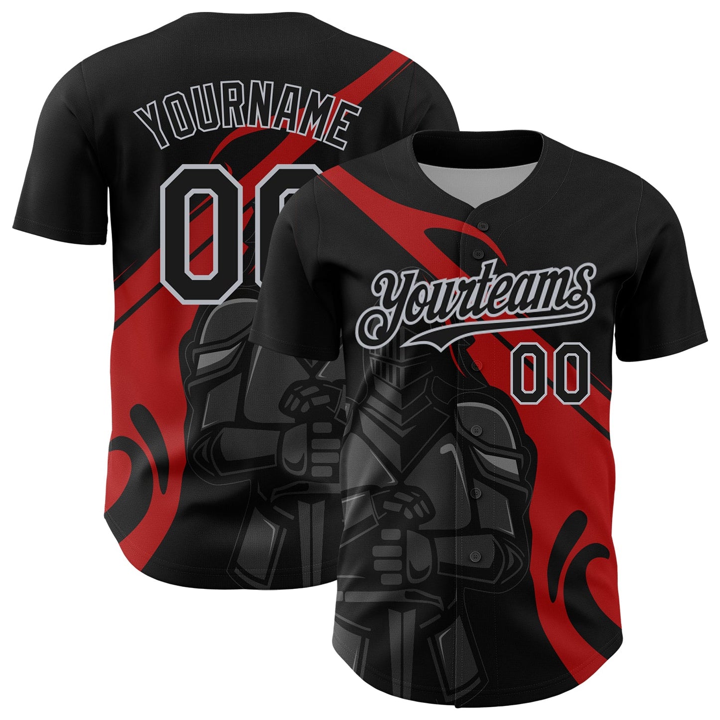 Custom Black Red-Gray 3D Pattern Design Knight Hero Art Authentic Baseball Jersey - Main View