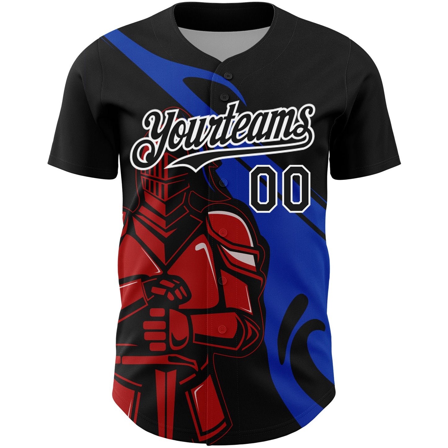 Custom Black Thunder Blue-Red 3D Pattern Design Knight Hero Art Authentic Baseball Jersey view 2