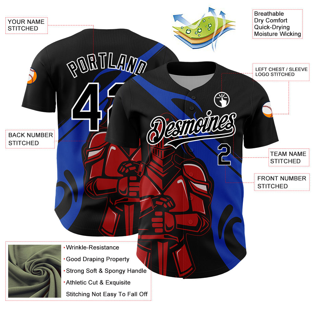 Custom Black Thunder Blue-Red 3D Pattern Design Knight Hero Art Authentic Baseball Jersey view 3