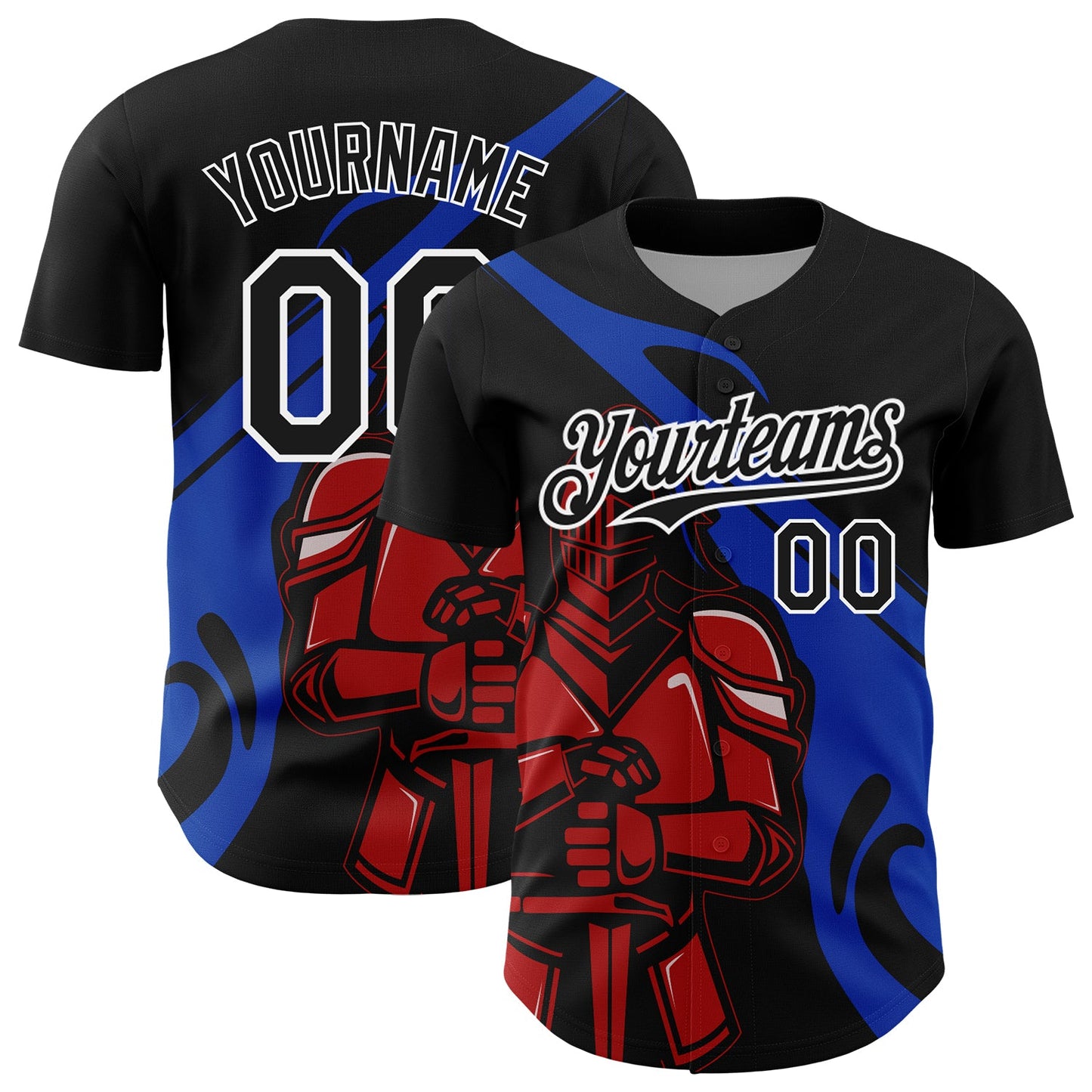Custom Black Thunder Blue-Red 3D Pattern Design Knight Hero Art Authentic Baseball Jersey - Main View