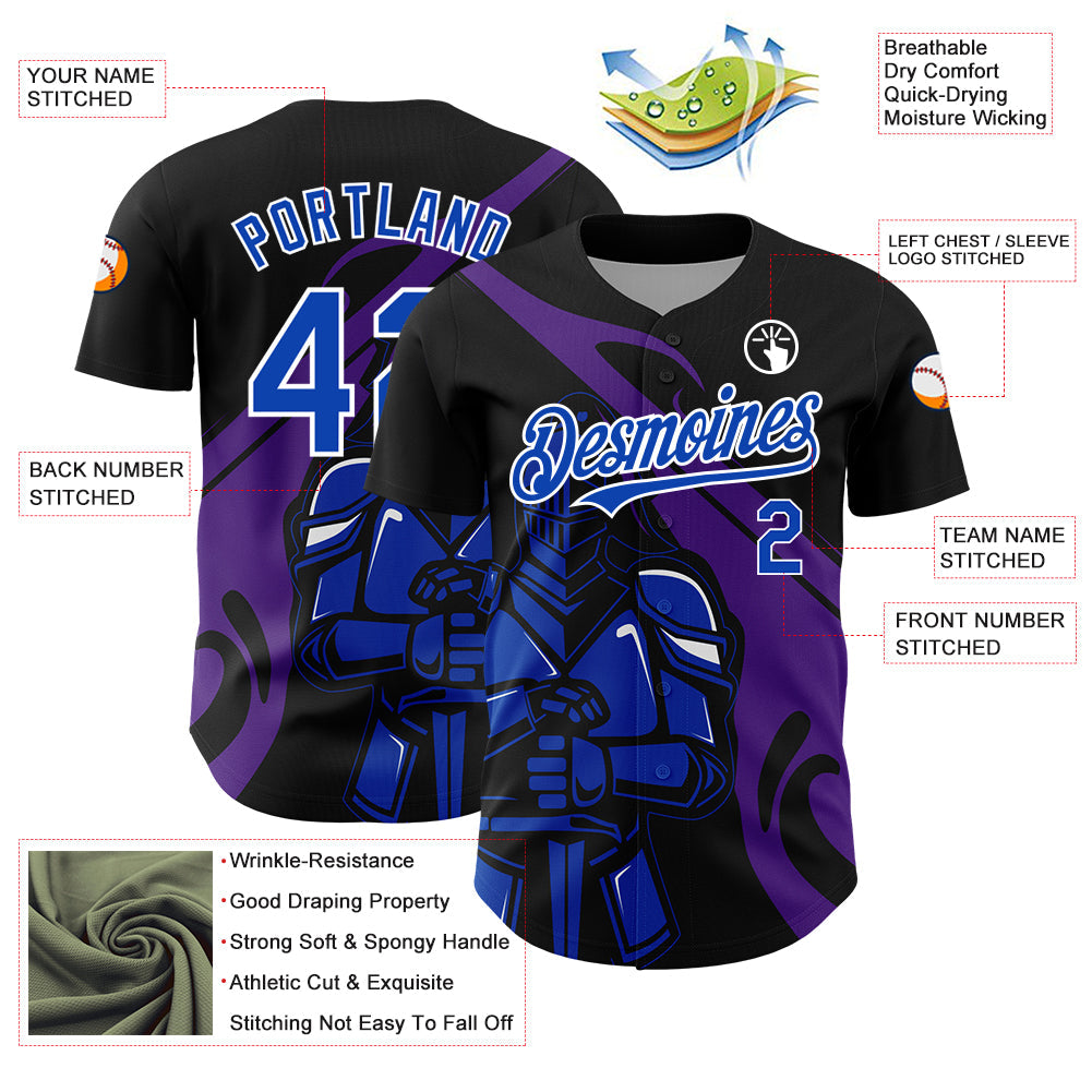 Custom Black Thunder Blue-Purple 3D Pattern Design Knight Hero Art Authentic Baseball Jersey view 3