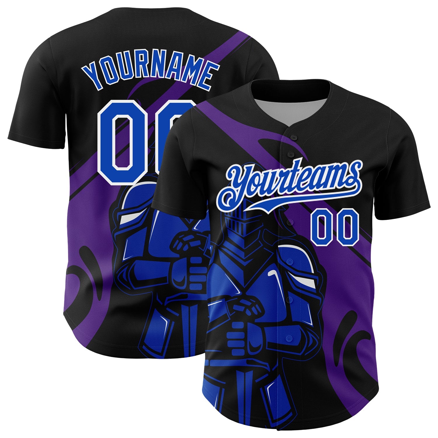 Custom Black Thunder Blue-Purple 3D Pattern Design Knight Hero Art Authentic Baseball Jersey - Main View