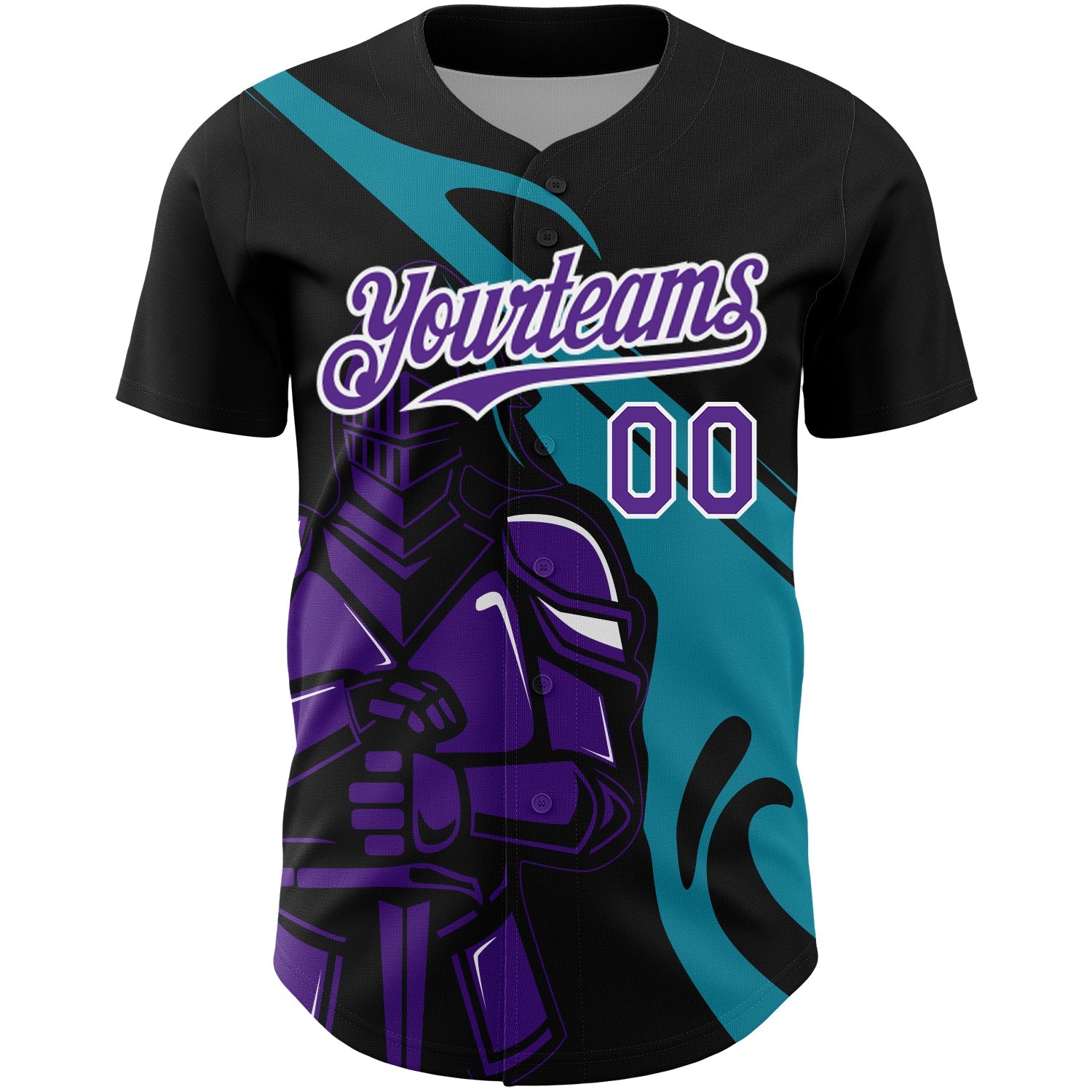 Custom Black Purple-Teal 3D Pattern Design Knight Hero Art Authentic Baseball Jersey view 2