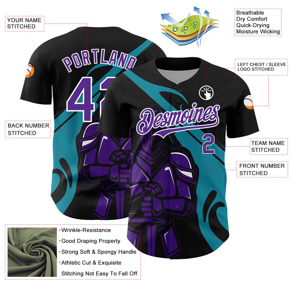 Custom Black Purple-Teal 3D Pattern Design Knight Hero Art Authentic Baseball Jersey view 3