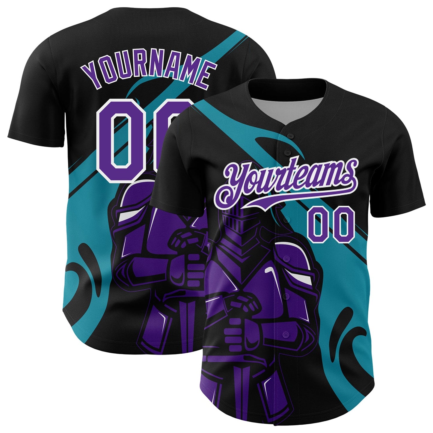 Custom Black Purple-Teal 3D Pattern Design Knight Hero Art Authentic Baseball Jersey - Main View