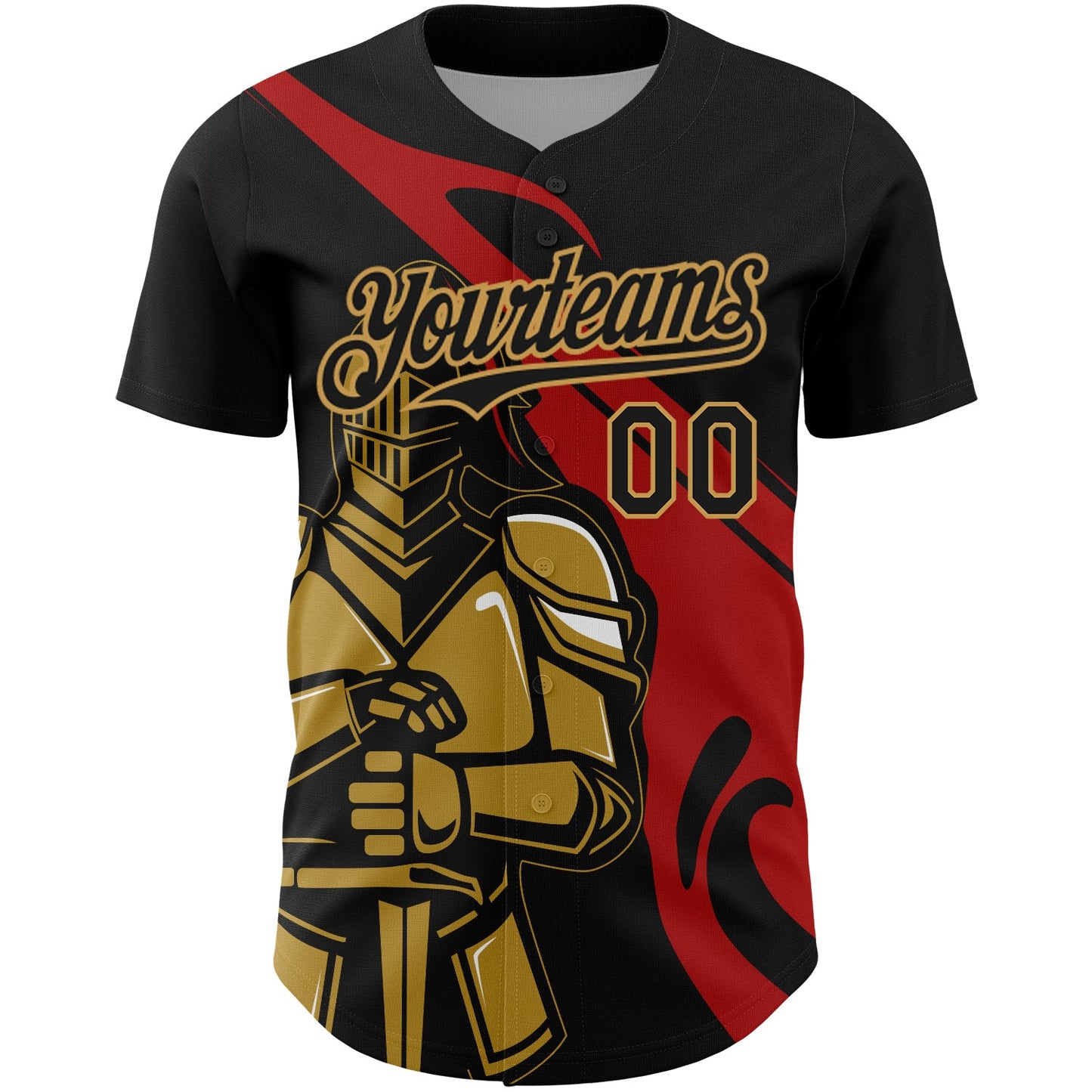 Custom Black Red-Old Gold 3D Pattern Design Knight Hero Art Authentic Baseball Jersey view 2