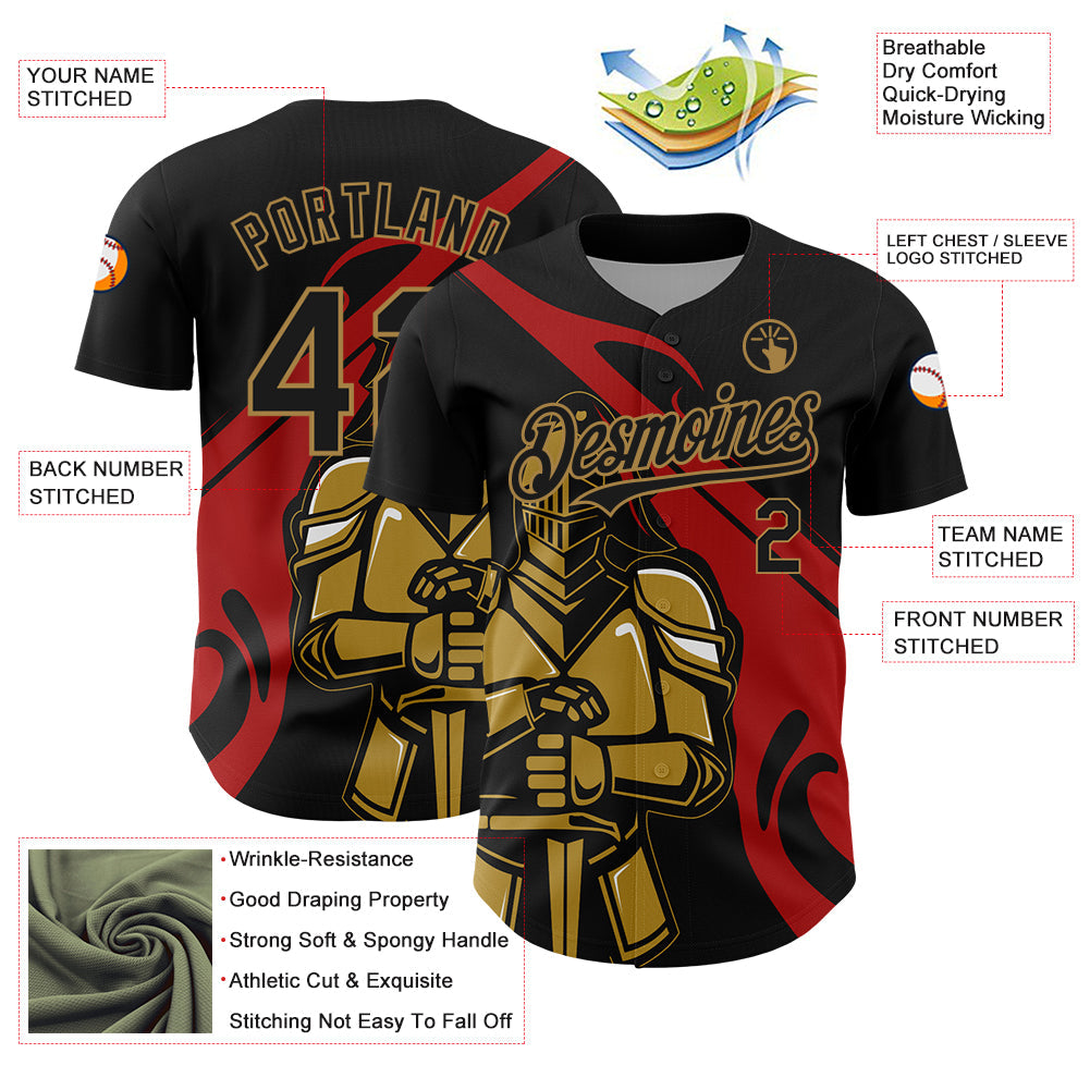 Custom Black Red-Old Gold 3D Pattern Design Knight Hero Art Authentic Baseball Jersey view 3