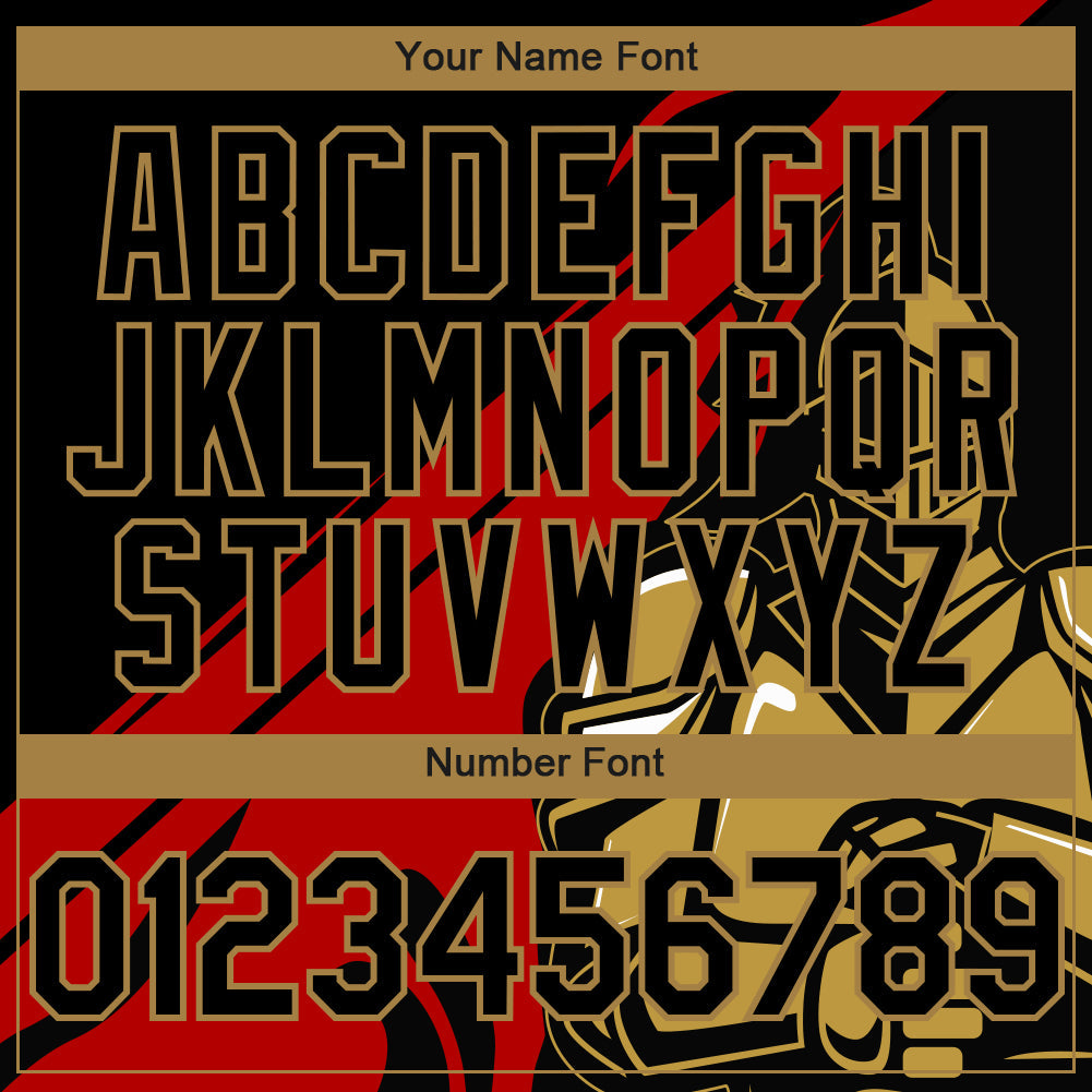 Custom Black Red-Old Gold 3D Pattern Design Knight Hero Art Authentic Baseball Jersey view 5