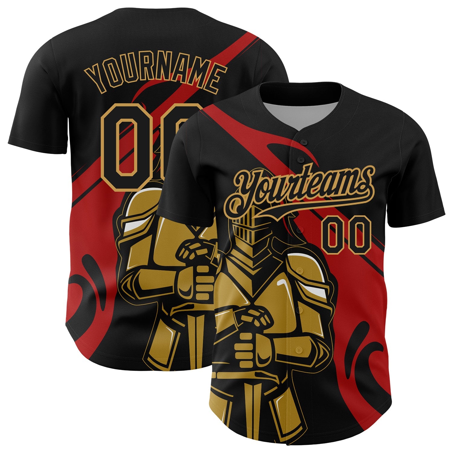Custom Black Red-Old Gold 3D Pattern Design Knight Hero Art Authentic Baseball Jersey - Main View
