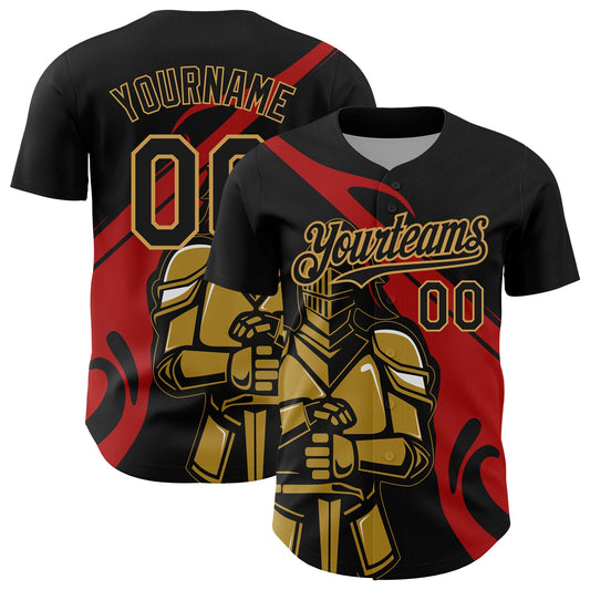 Custom Black Red-Old Gold 3D Pattern Design Knight Hero Art Authentic Baseball Jersey - Main View