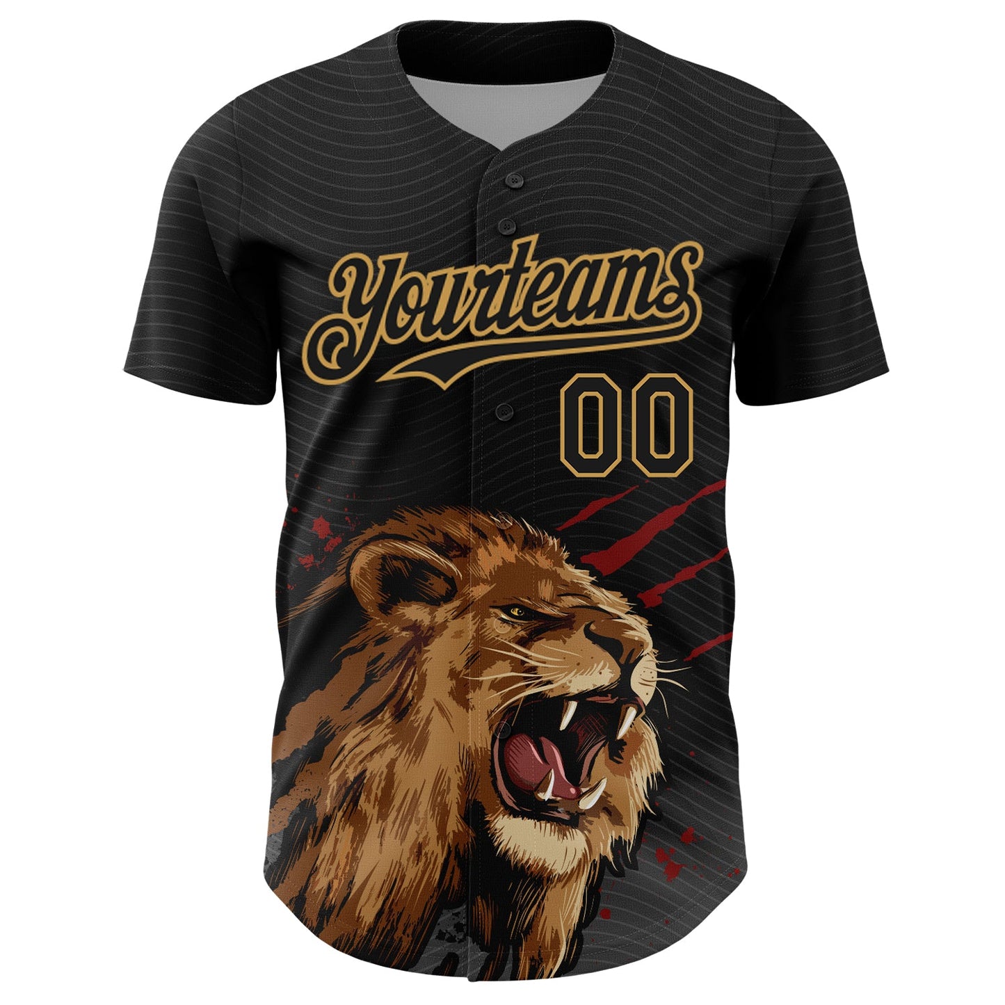 Custom Black Old Gold 3D Pattern Design Animal Lion Authentic Baseball Jersey view 2