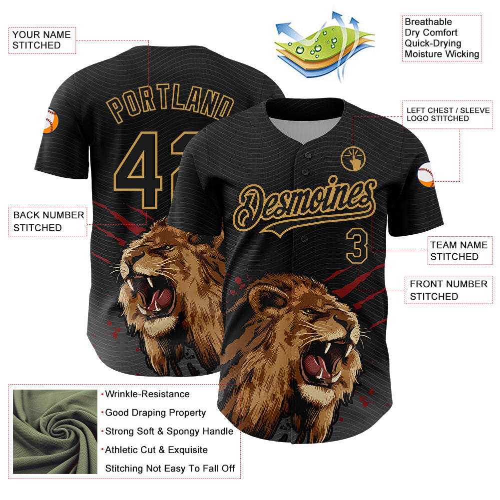 Custom Black Old Gold 3D Pattern Design Animal Lion Authentic Baseball Jersey view 3