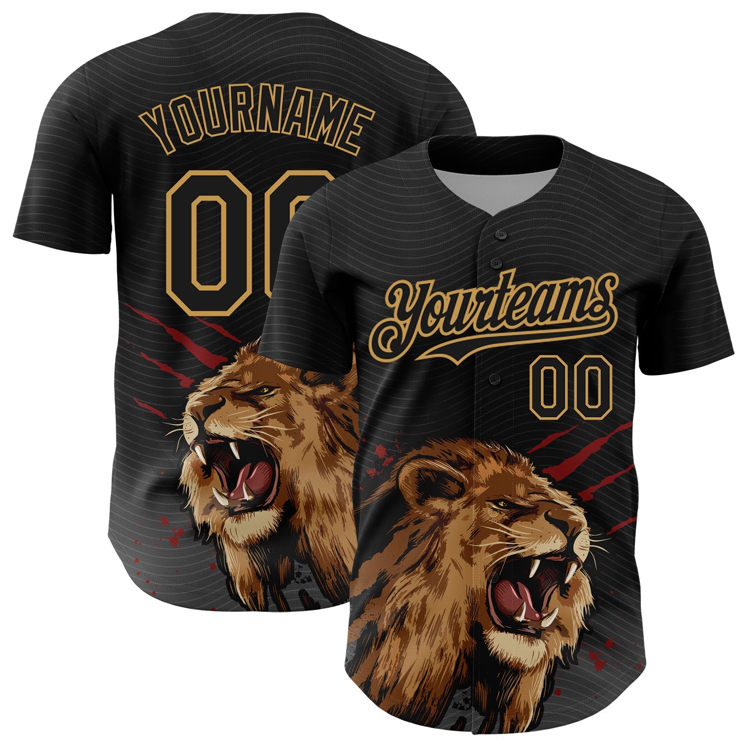 Custom Black Old Gold 3D Pattern Design Animal Lion Authentic Baseball Jersey - Main View