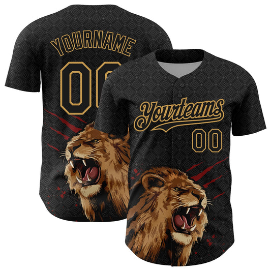 Custom Black Old Gold 3D Pattern Design Animal Lion Authentic Baseball Jersey - Main View