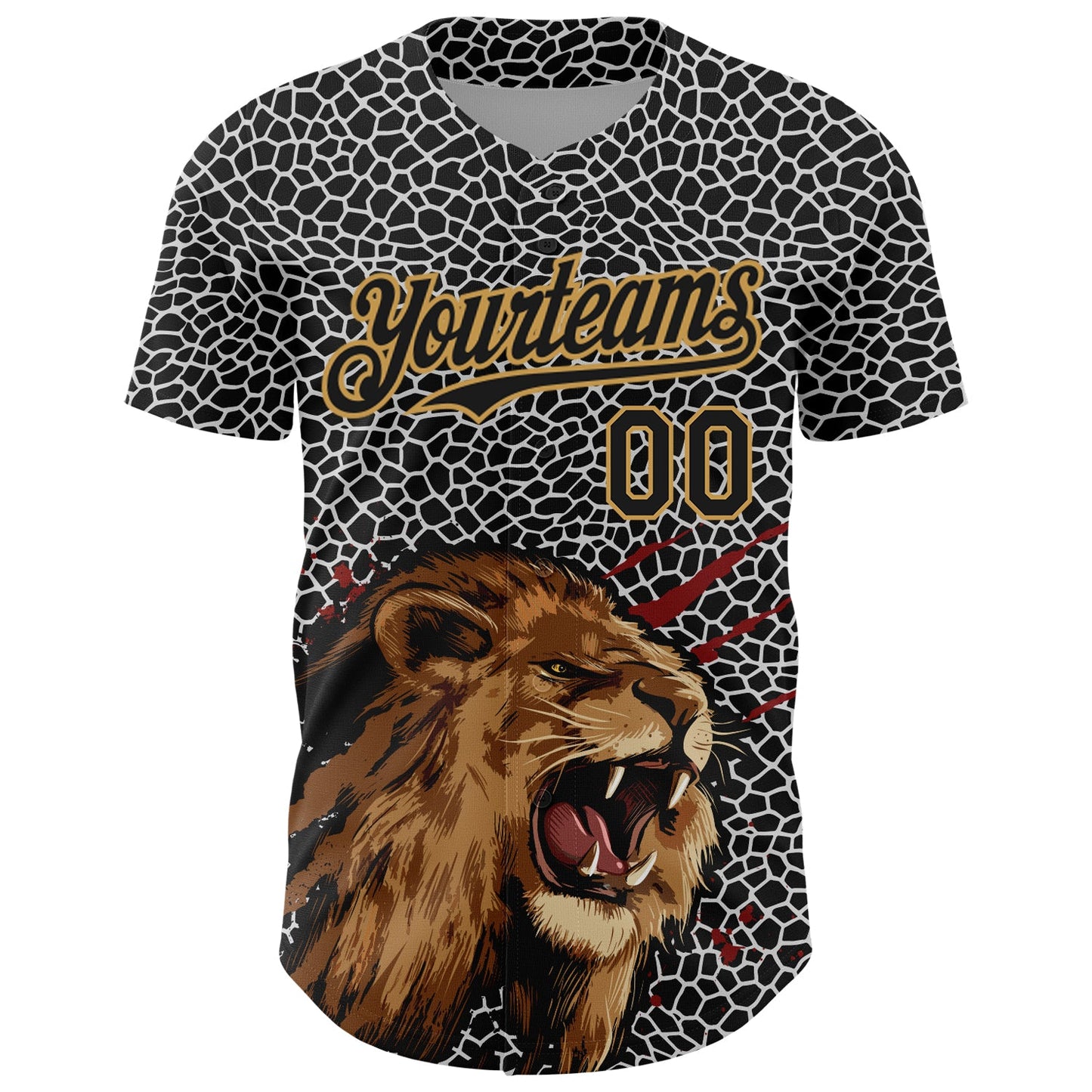 Custom Black Old Gold 3D Pattern Design Animal Lion Authentic Baseball Jersey view 2