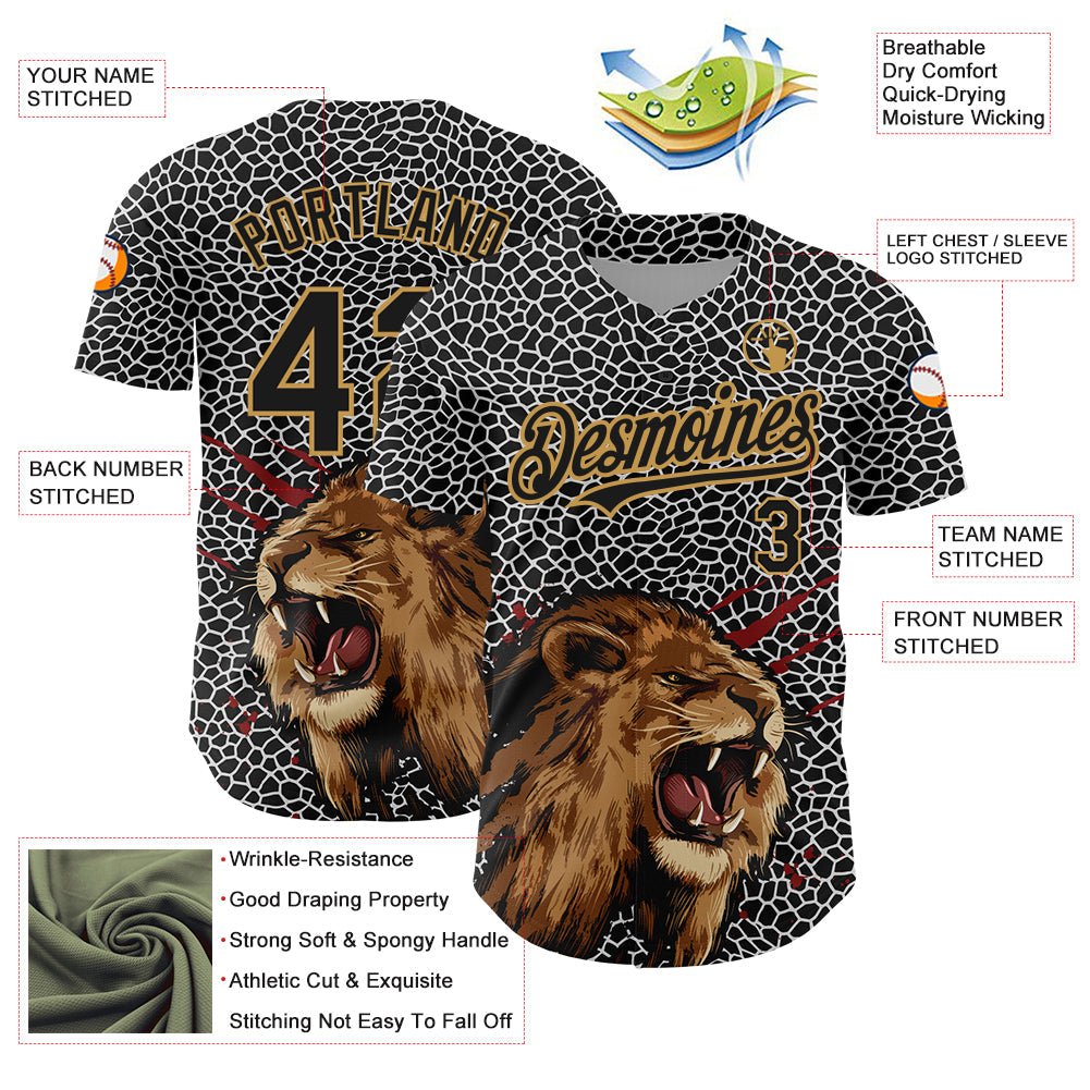 Custom Black Old Gold 3D Pattern Design Animal Lion Authentic Baseball Jersey view 3