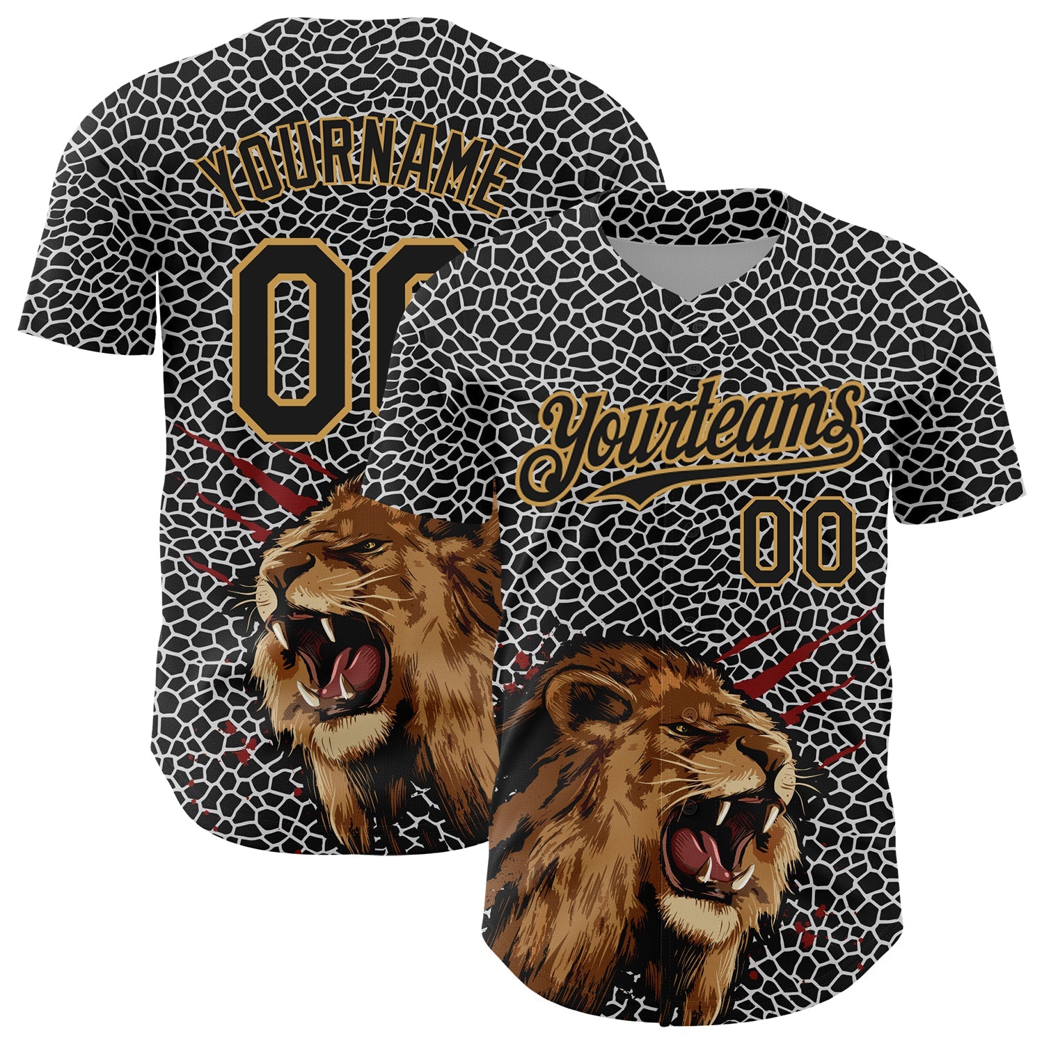 Custom Black Old Gold 3D Pattern Design Animal Lion Authentic Baseball Jersey - Main View