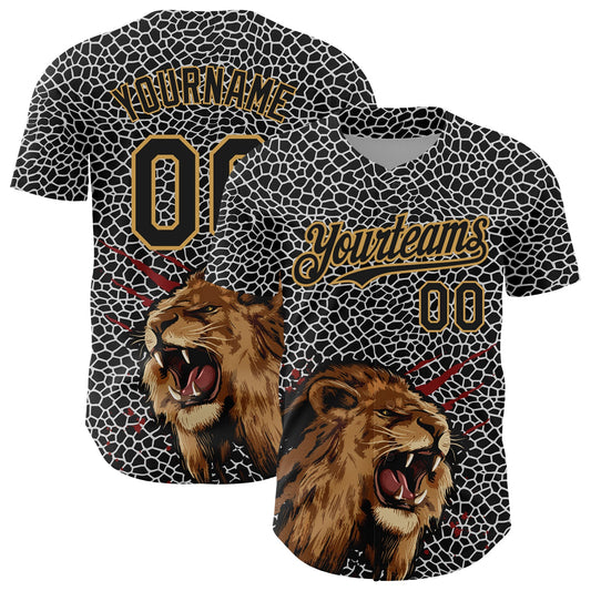 Custom Black Old Gold 3D Pattern Design Animal Lion Authentic Baseball Jersey - Main View