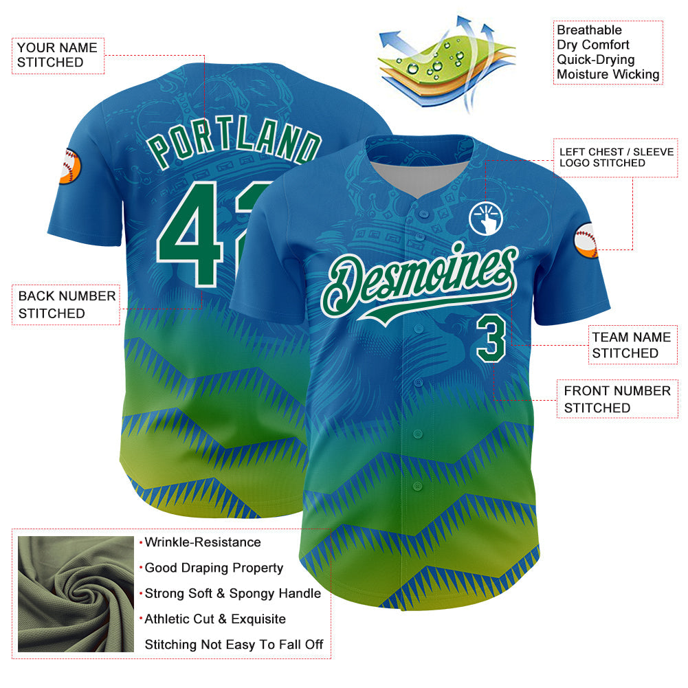 Custom Panther Blue Kelly Green-White 3D Pattern Design Animal Lion Authentic Baseball Jersey view 3