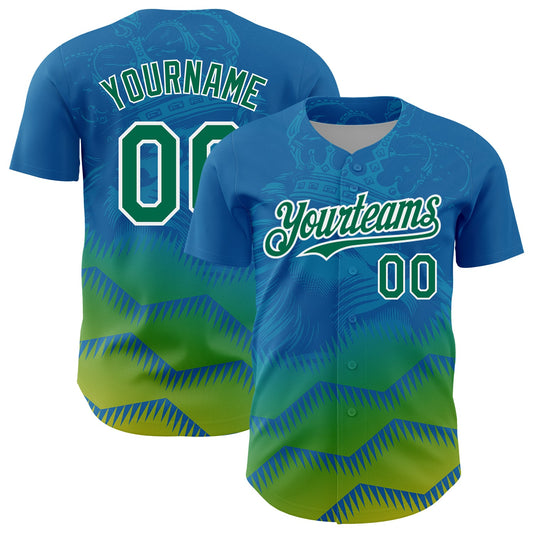 Custom Panther Blue Kelly Green-White 3D Pattern Design Animal Lion Authentic Baseball Jersey - Main View