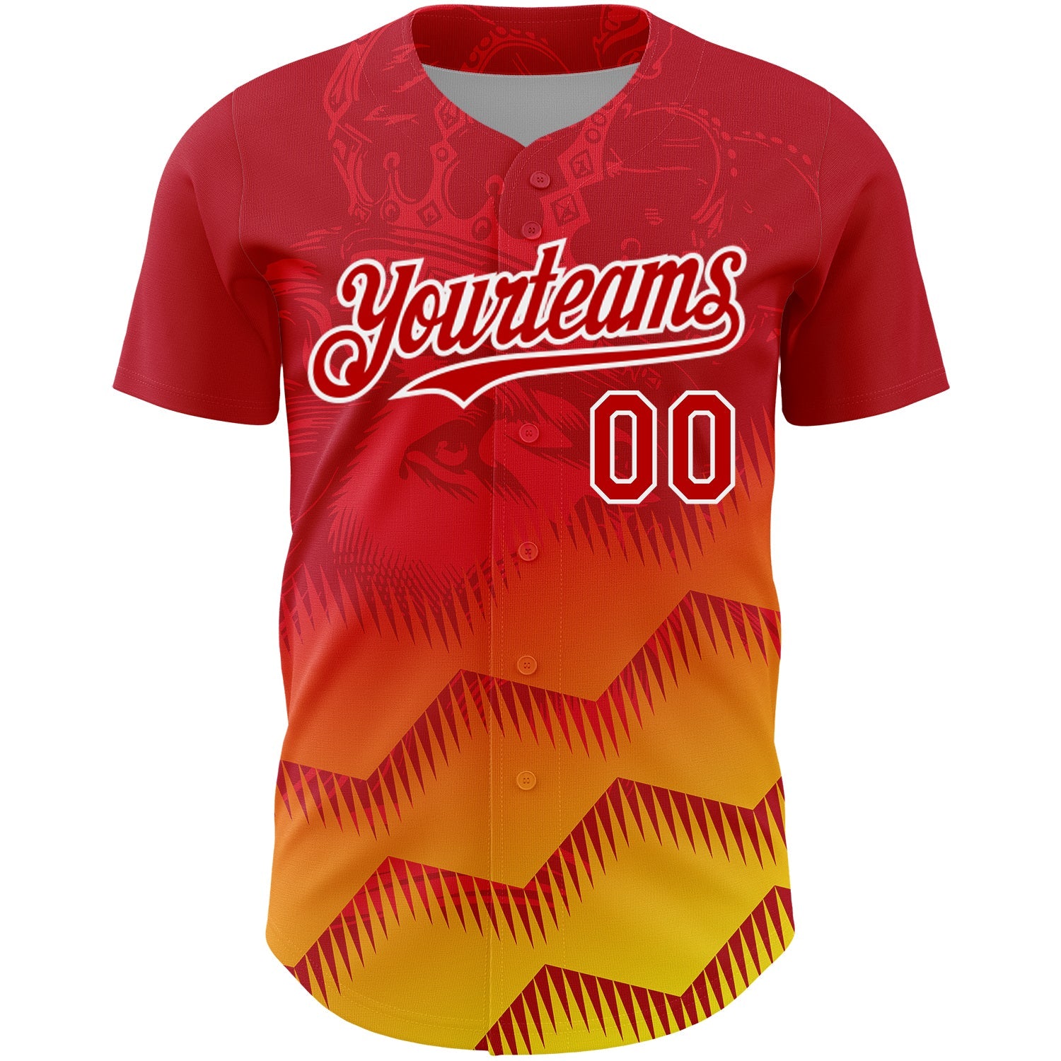 Custom Red Yellow-White 3D Pattern Design Animal Lion Authentic Baseball Jersey view 2