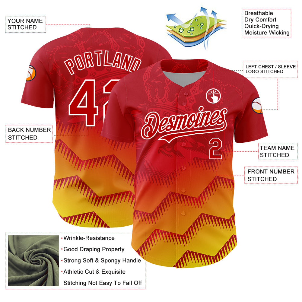 Custom Red Yellow-White 3D Pattern Design Animal Lion Authentic Baseball Jersey view 3