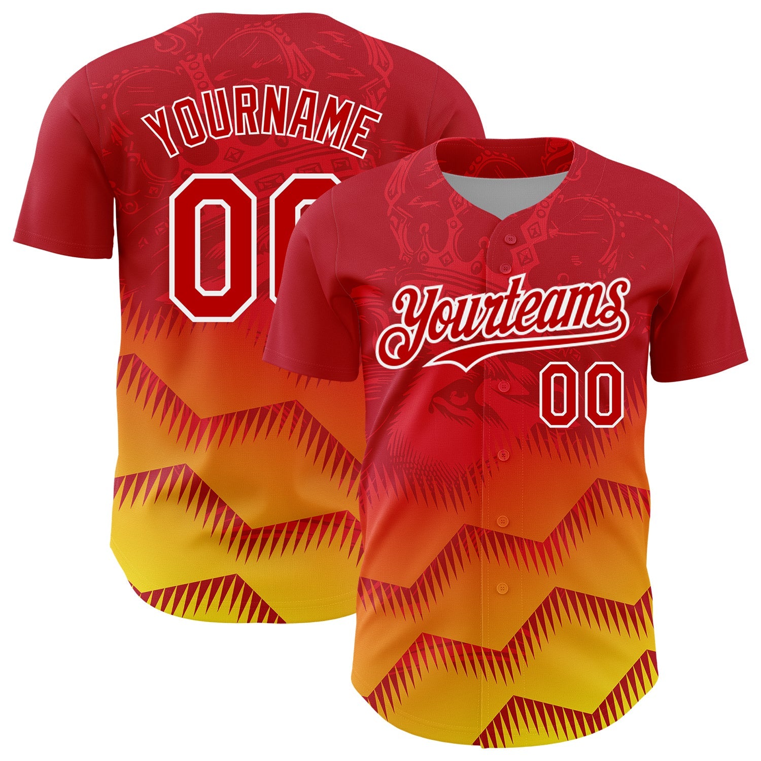 Custom Red Yellow-White 3D Pattern Design Animal Lion Authentic Baseball Jersey - Main View