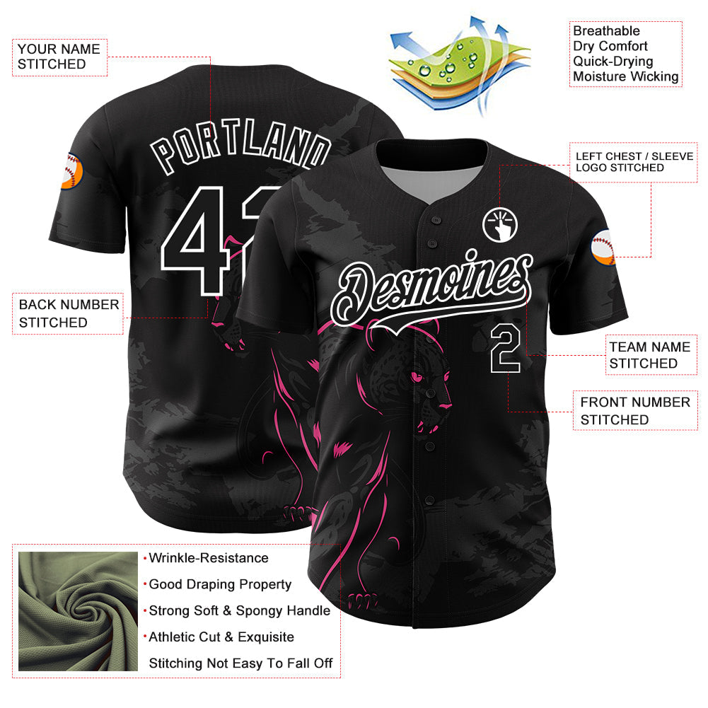 Custom Black Pink-White 3D Pattern Design Animal Panther Authentic Baseball Jersey view 3