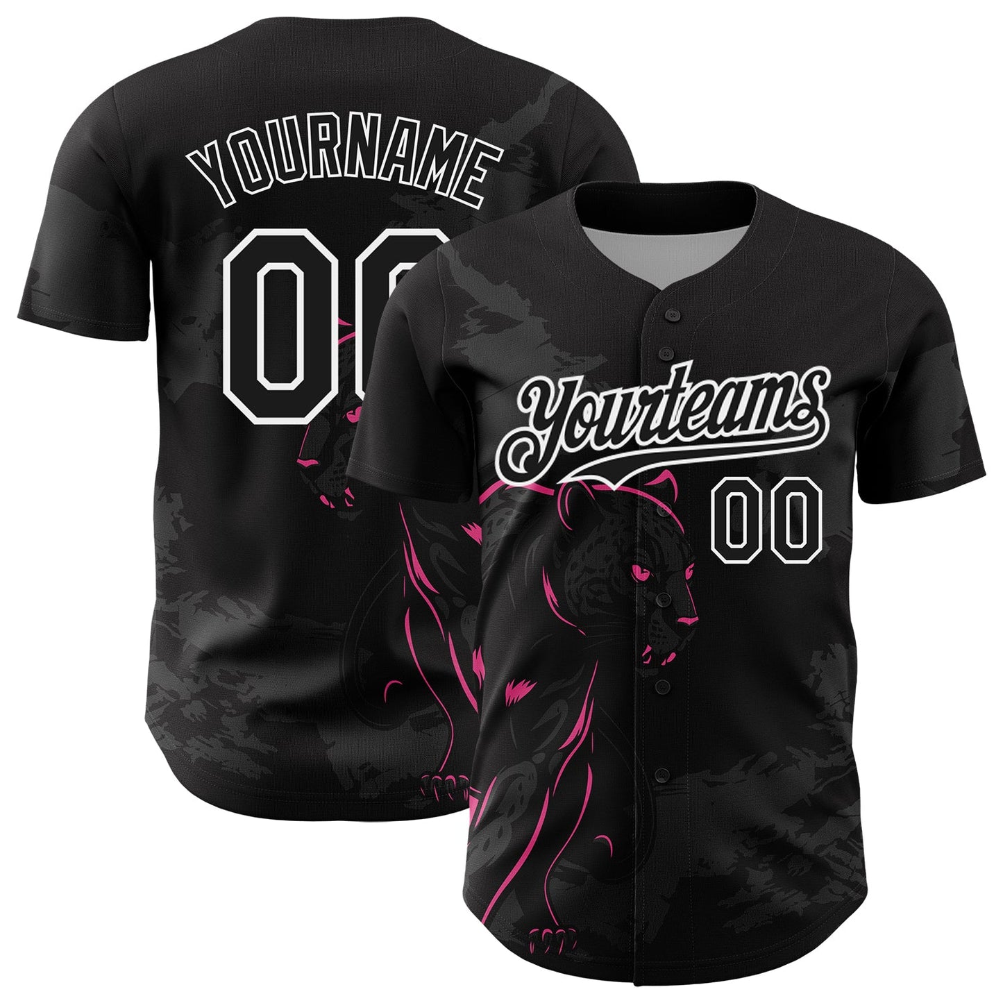 Custom Black Pink-White 3D Pattern Design Animal Panther Authentic Baseball Jersey - Main View