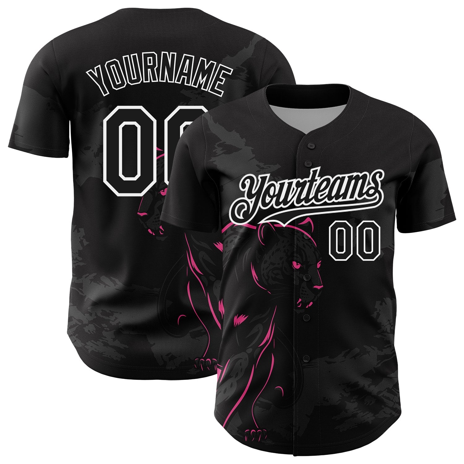 Custom Black Pink-White 3D Pattern Design Animal Panther Authentic Baseball Jersey - Main View