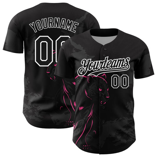 Custom Black Pink-White 3D Pattern Design Animal Panther Authentic Baseball Jersey - Main View