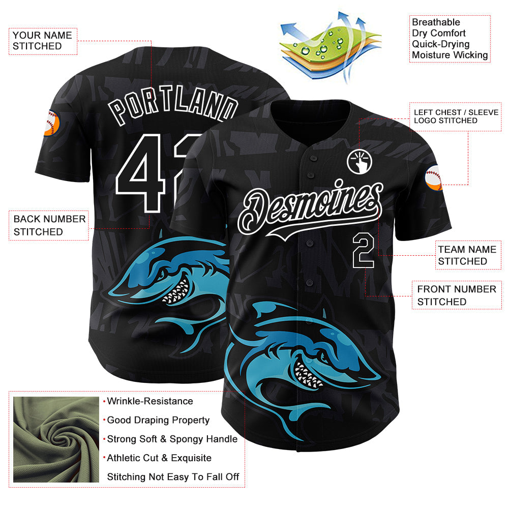 Custom Black White 3D Pattern Design Animal Shark Authentic Baseball Jersey view 3