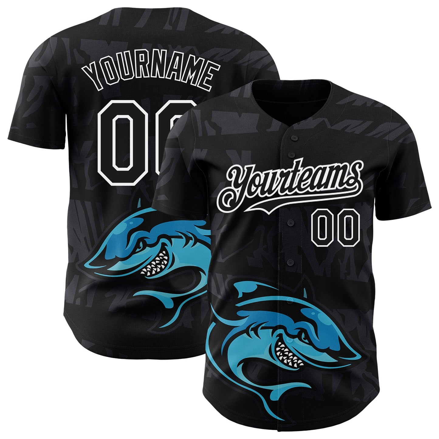 Custom Black White 3D Pattern Design Animal Shark Authentic Baseball Jersey - Main View