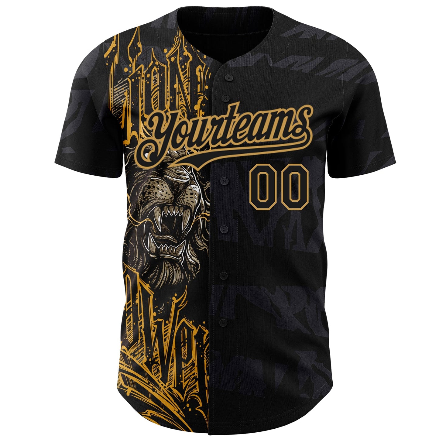 Custom Black Old Gold 3D Pattern Design Animal Lion Authentic Baseball Jersey view 2