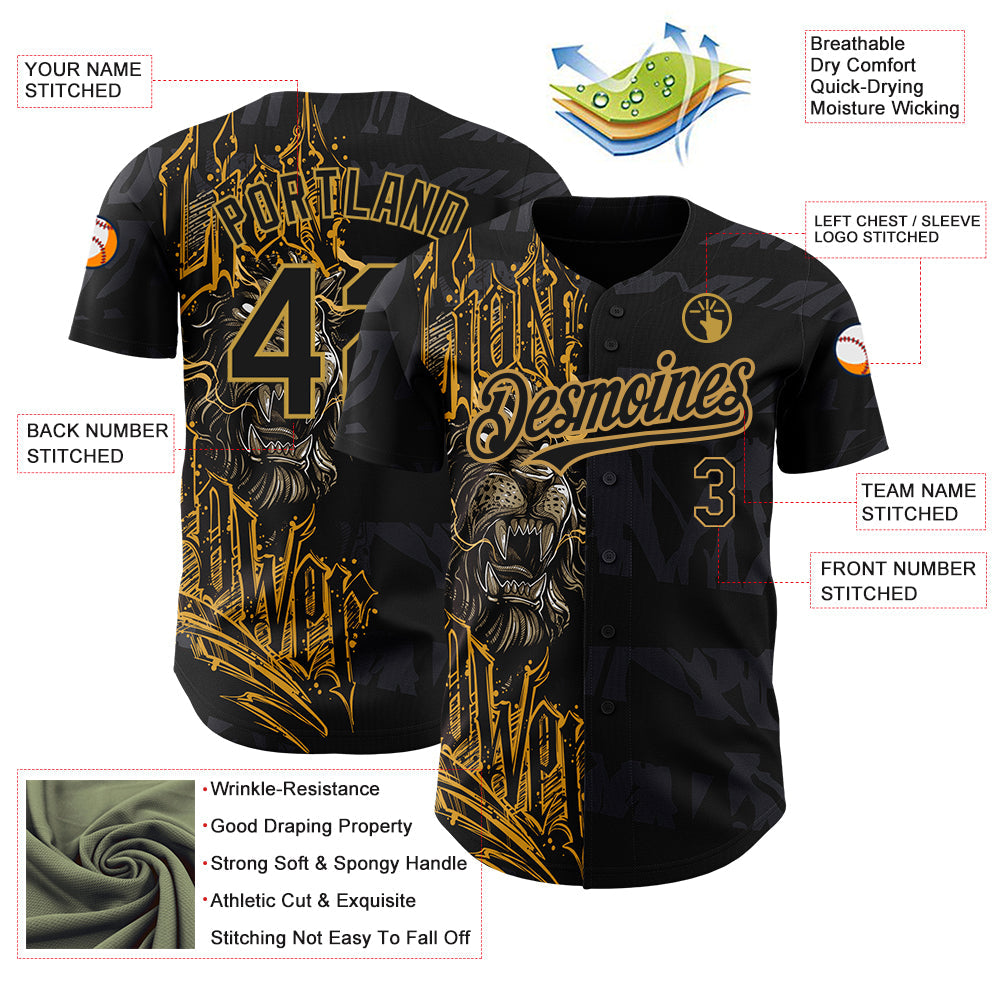 Custom Black Old Gold 3D Pattern Design Animal Lion Authentic Baseball Jersey view 3