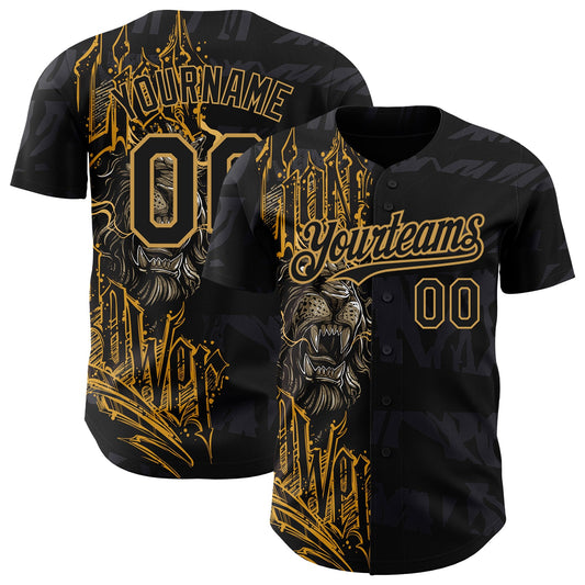 Custom Black Old Gold 3D Pattern Design Animal Lion Authentic Baseball Jersey - Main View
