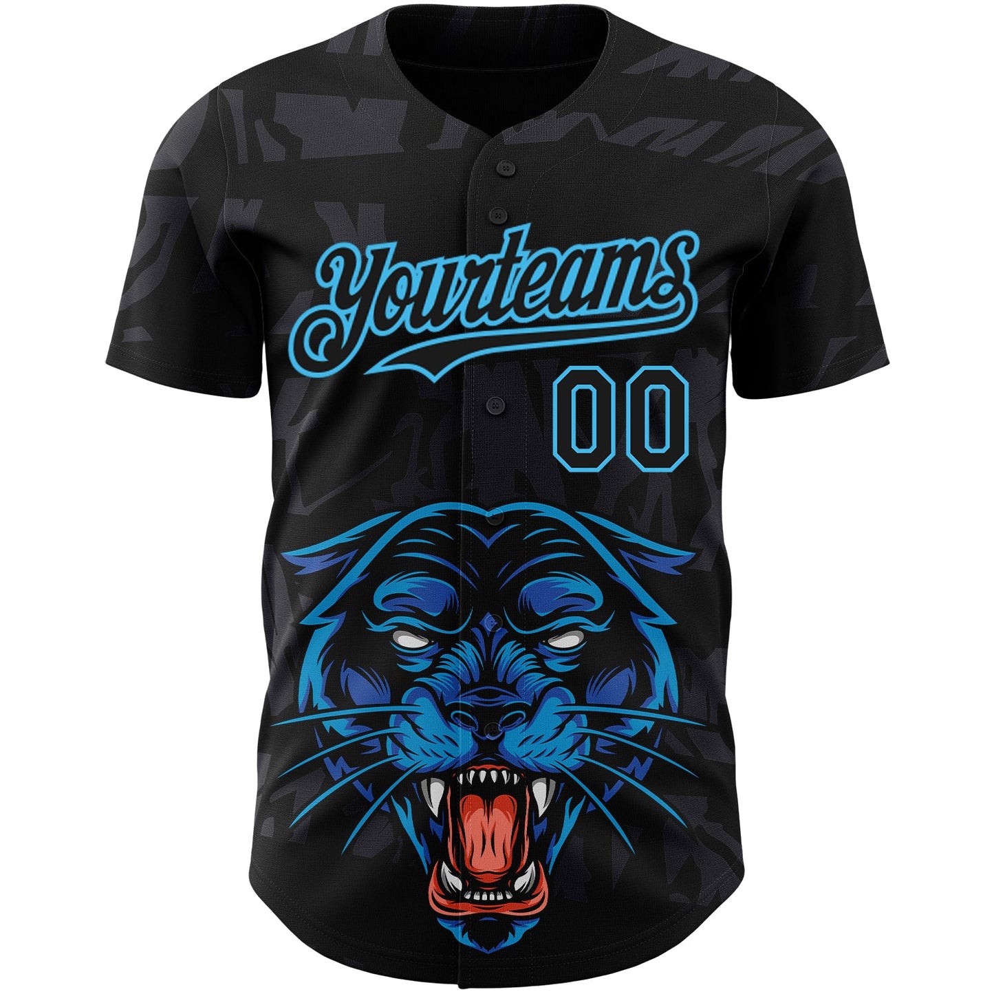 Custom Black Sky Blue 3D Pattern Design Animal Panther Authentic Baseball Jersey view 2