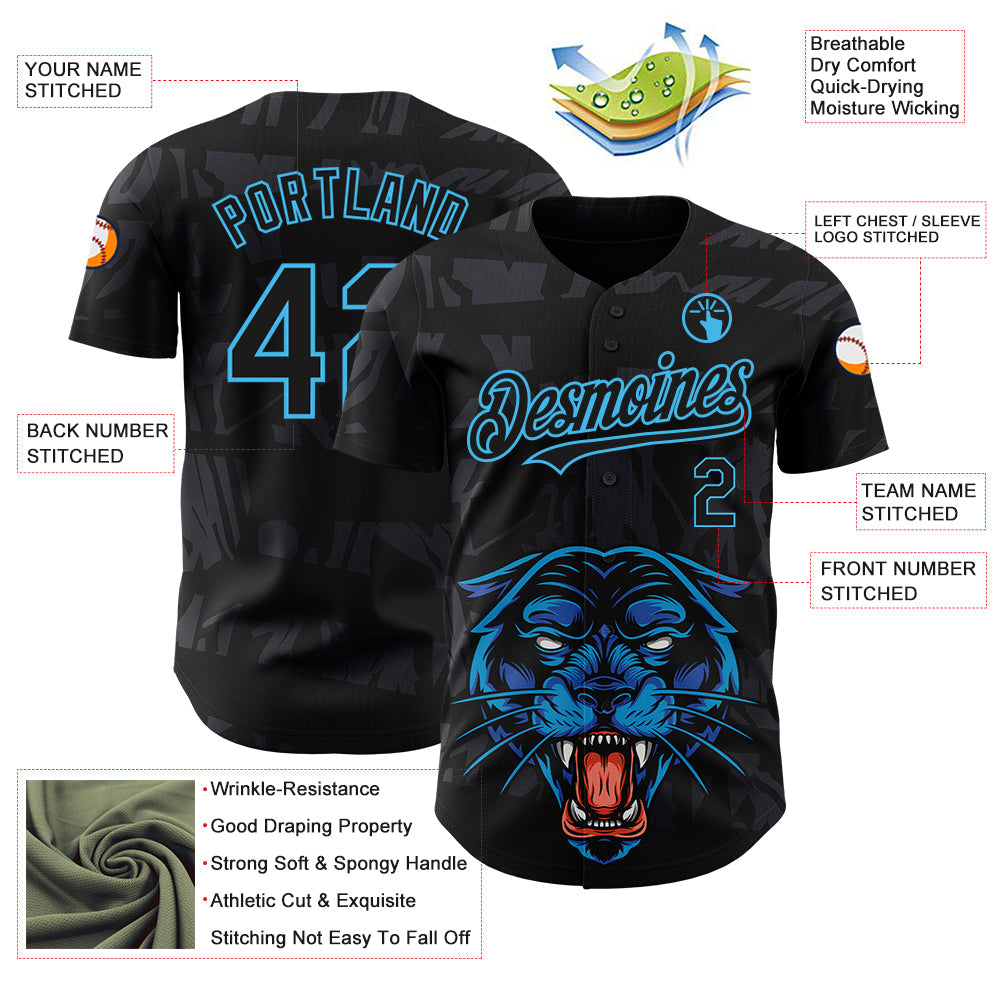 Custom Black Sky Blue 3D Pattern Design Animal Panther Authentic Baseball Jersey view 3