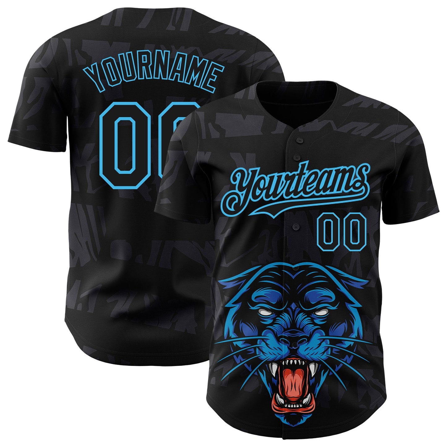 Custom Black Sky Blue 3D Pattern Design Animal Panther Authentic Baseball Jersey - Main View