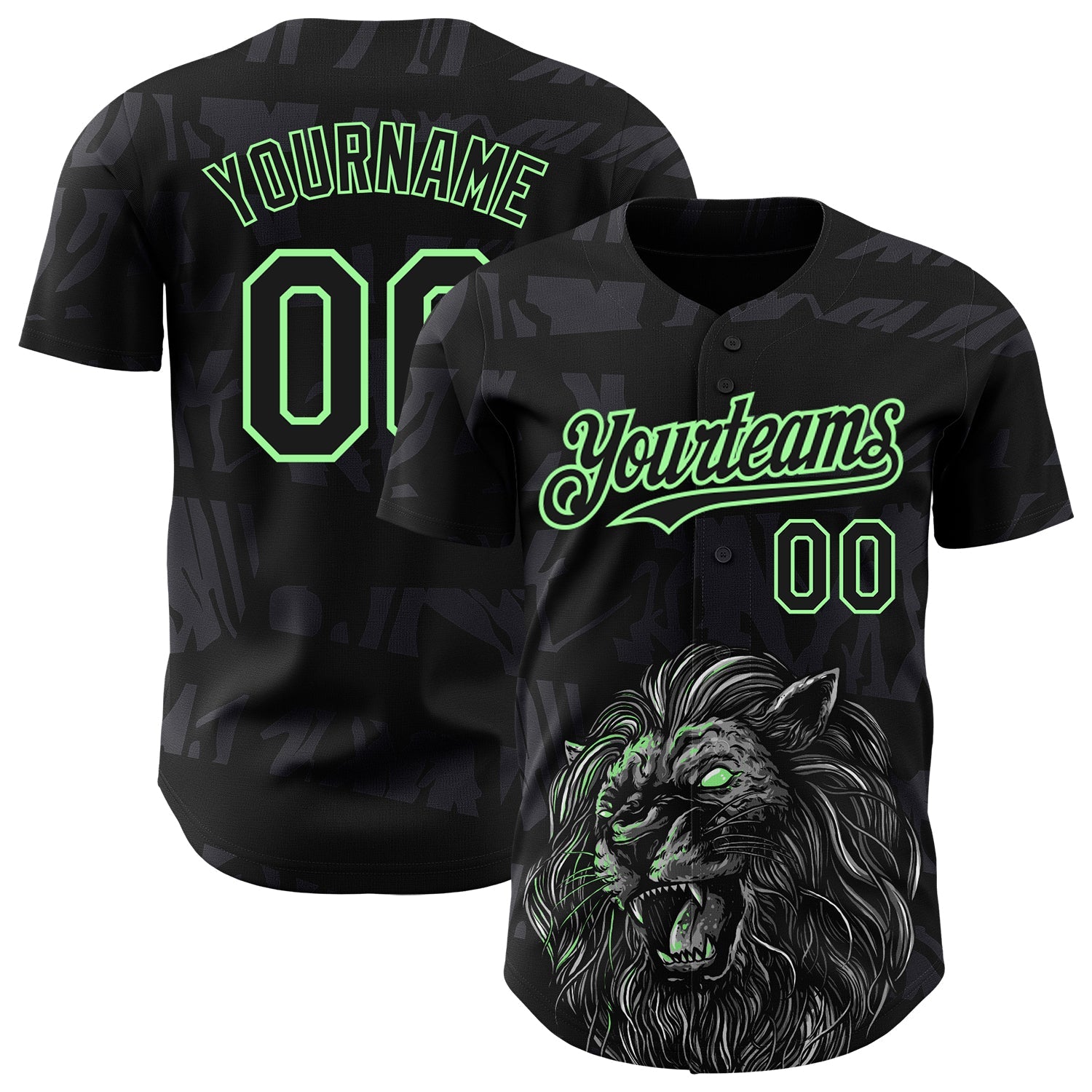 Custom Black Pea Green 3D Pattern Design Animal Lion Authentic Baseball Jersey - Main View