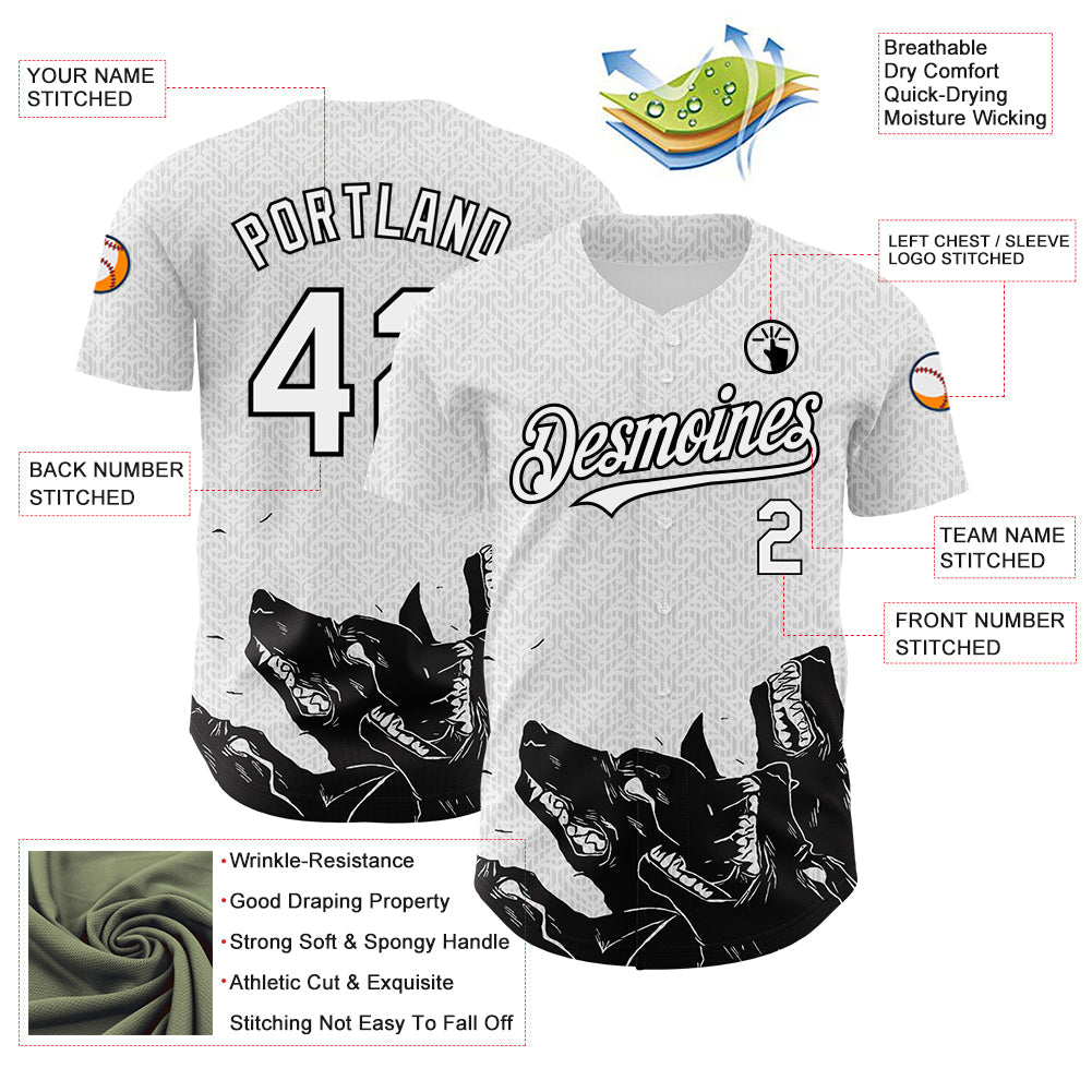 Custom White Black 3D Pattern Design Animal Wolf Authentic Baseball Jersey view 3