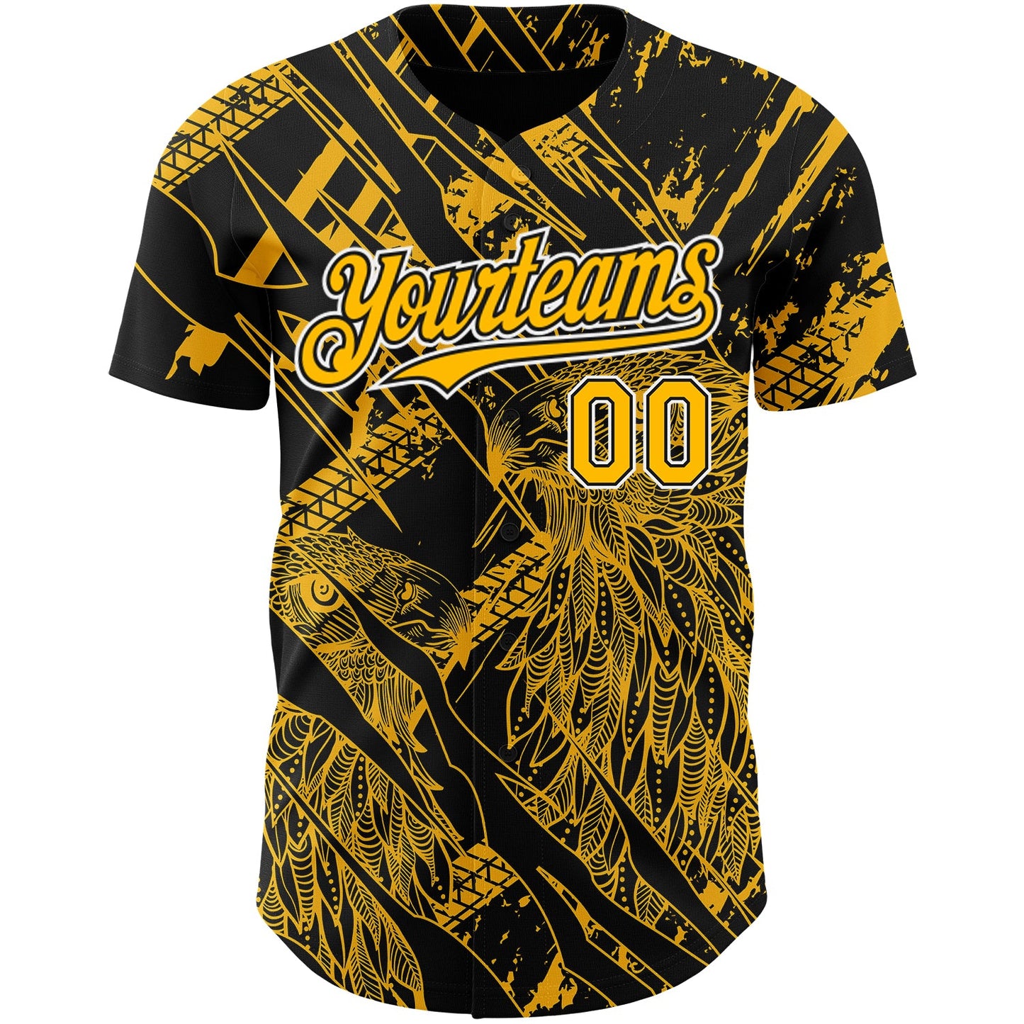 Custom Black Gold-White 3D Pattern Design Animal Eagle Authentic Baseball Jersey view 2