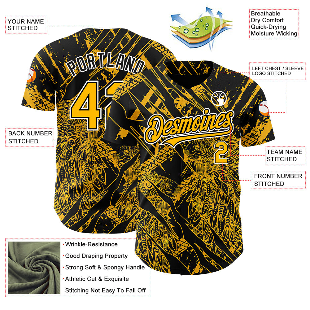 Custom Black Gold-White 3D Pattern Design Animal Eagle Authentic Baseball Jersey view 3