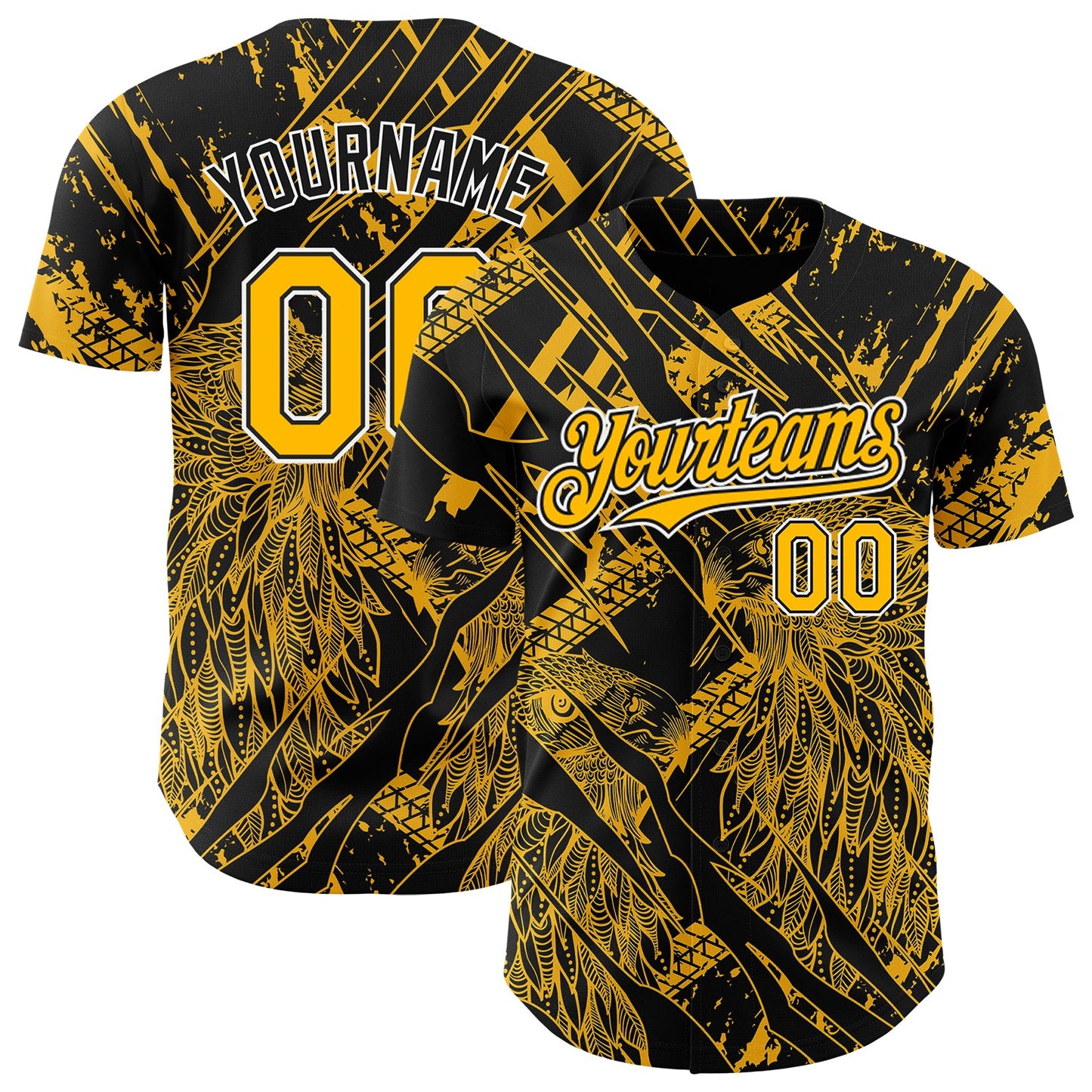 Custom Black Gold-White 3D Pattern Design Animal Eagle Authentic Baseball Jersey - Main View